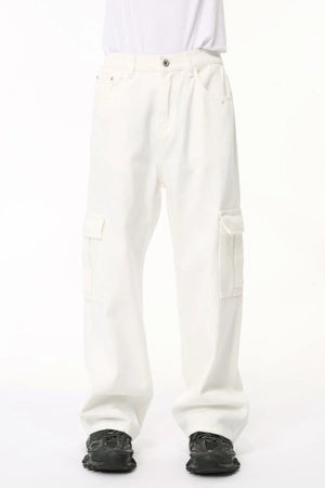Ivory cargo pants with multiple pockets and a relaxed fit.