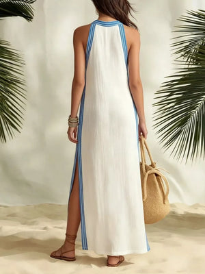 Full Size Slit Striped Sleeveless Maxi Dress in Green, side view