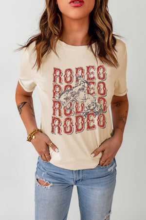 Light Apricot crewneck tee with a vintage rodeo graphic and distressed details.