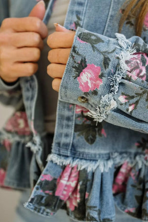 Floral Print Denim Jacket With Ruffled Hem, alternate angle