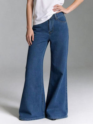 Maternity high-waisted flare jeans in blue denim, featuring a dramatic wide leg and comfortable fit.