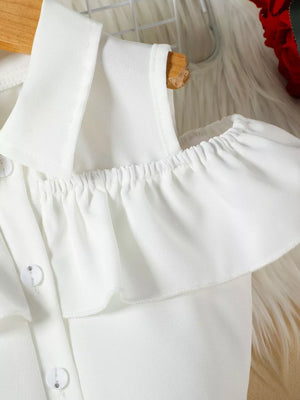White toddler ruffled cold-shoulder top with button details