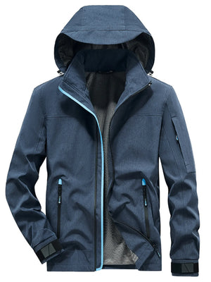 Plus-size hooded zip-up jacket in Postal Blue with zippered pockets and light blue trim.