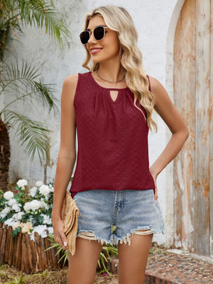Burgundy perforated keyhole tank top with gathered neckline