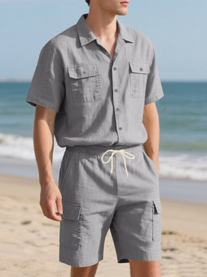 Grey relaxed-fit button-up shirt and drawstring cargo shorts set