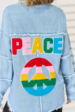 Light wash denim overshirt with colorful embroidered PEACE lettering and a rainbow peace sign patch.