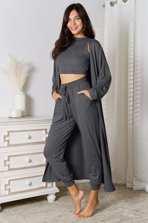 Dark gray loungewear set with crop top, long cardigan, and drawstring pants.