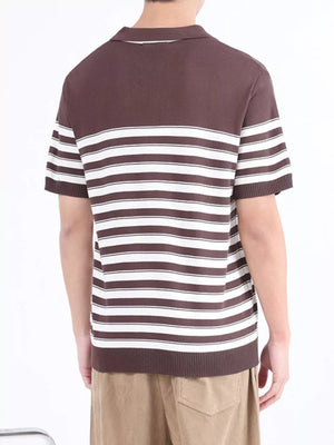 Brown and white striped knit polo shirt for men with short sleeves and a collar.