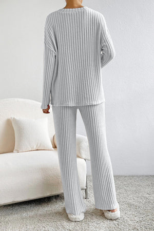 Light Gray ribbed knit lounge set with crew neck top and wide leg pants.