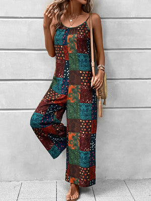 Patchwork print cami jumpsuit with wide legs in multicolor.