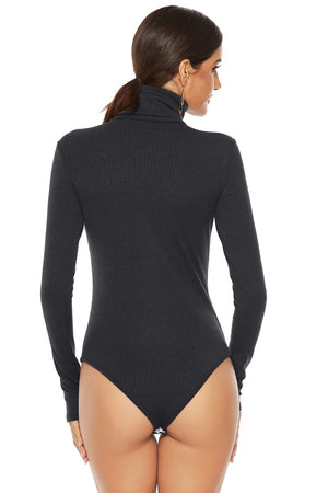 Black ribbed turtleneck bodysuit with long sleeves and a high-cut bottom.