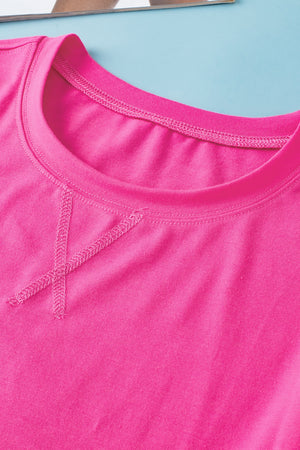 Pink cotton boxy tee with contrast shoulder stitch detail