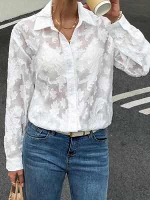 Sheer Floral Button Up Shirt in White, close-up detail