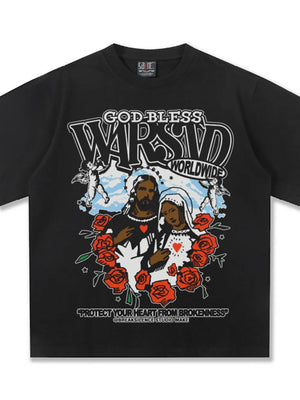 Black cotton t-shirt with Divine Inspiration graphic and roses.