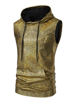 Gold iridescent sleeveless hooded tank top with cracked pattern and black drawstring.