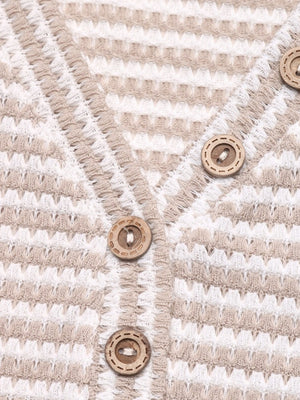 V-neck t-shirt with cap sleeves and wood buttons in a striped knit texture.