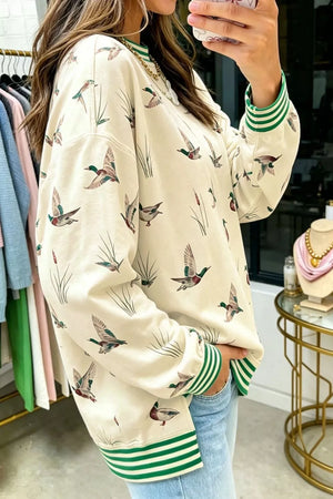 Whimsical Duck Print Sweatshirt in Beige, side view