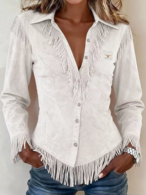 Full Size Fringed Collared Neck Shirt Plus Size in Pink, alternate angle
