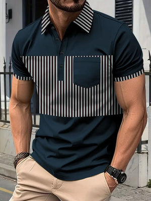 Navy polo shirt with vertical stripe panel and chest pocket.