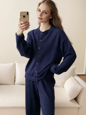 Dark blue ribbed knit cardigan and wide leg set with button front and crew neck.