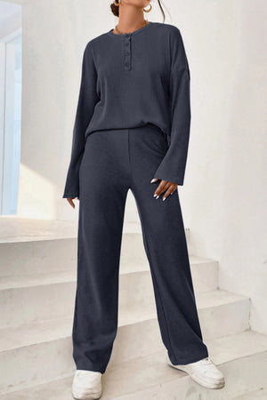 Dark Blue ribbed henley set with buttoned neckline and wide leg pants
