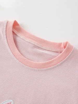 Pink striped cotton t-shirt with applique detail and contrast neckline.