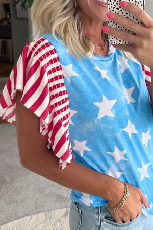 Patriotic t-shirt with blue star print and red striped ruffle sleeves.