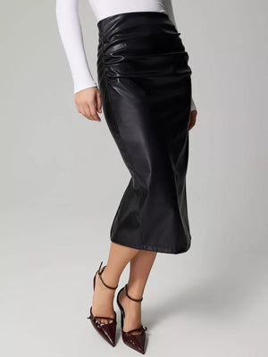 Black leather midi skirt with ruched detail and body-con fit.