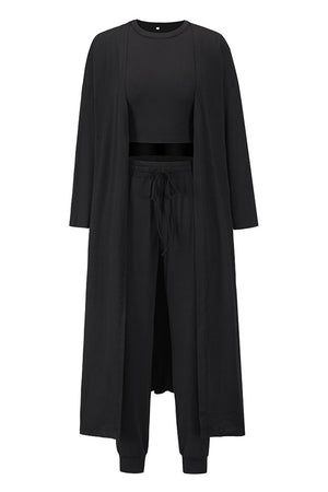 Black loungewear set with long cardigan, crop top, and drawstring pants