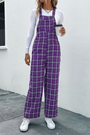 Vivid Violet plaid wide-leg overalls with buttoned straps and a comfortable fit.
