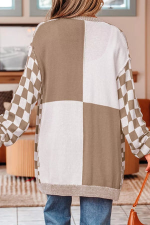 Checkerboard knit cardigan with ribbed details in brown and white acrylic, featuring a color-blocked body and checkered