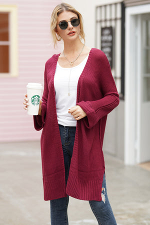 Burgundy textured open-front maxi knit cardigan with ribbed cuffs and hem