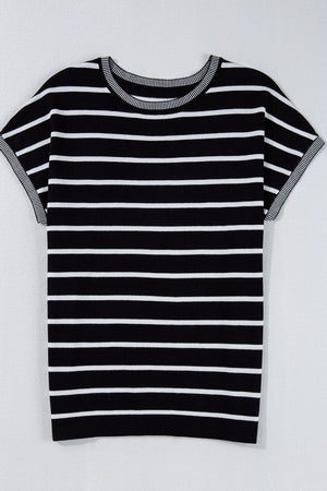 Black and white striped boxy tee with contrast ribbed trim on neckline and sleeves.