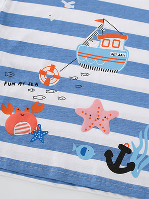 Toddler t-shirt with blue and white stripes, featuring a nautical print with a boat, crab, starfish, and anchor.