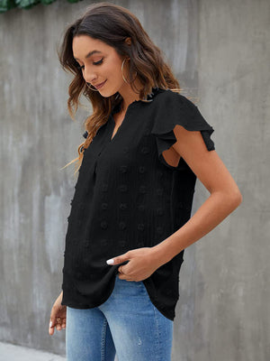Black textured voile blouse with flutter sleeves and v-neck