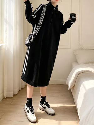 Casual Quarter-zip Mock Neck Midi Dress in Black, close-up detail