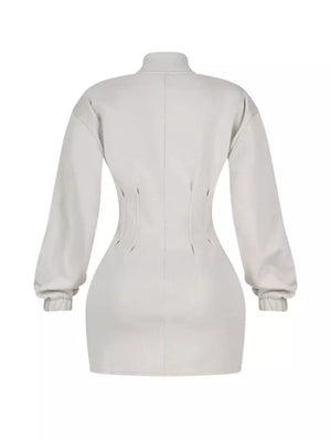 Casual Zip-up Long Sleeve Mini Dress in Off-white, editorial view