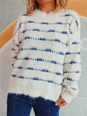 Textured stripe crew neck sweater in white with blue accents, acrylic knit.