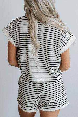 Ribbed stripe tee and shorts set with cuffed sleeves and hem.