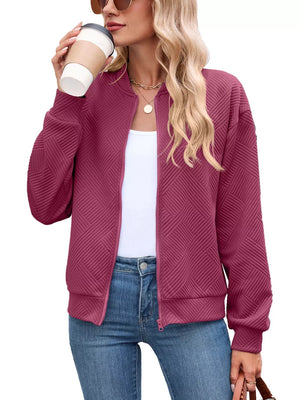 Blue bomber jacket with zip-front and geometric