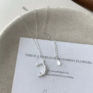 Sterling silver necklace with crescent moon and star charm, adjustable chain.