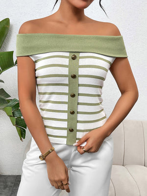 Off-shoulder stripe knit top with button-down front and green trim