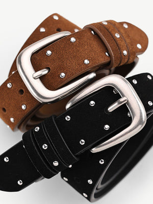 Premium cowhide leather studded belts in black and brown with silver buckles