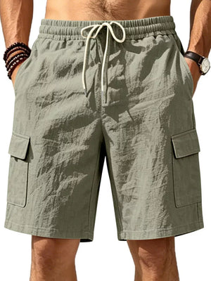 Military green cargo shorts with drawstring waist and crinkled texture
