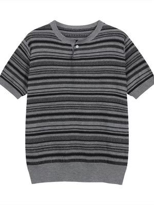 Textured grey and black striped henley t-shirt with short sleeves and a button placket.
