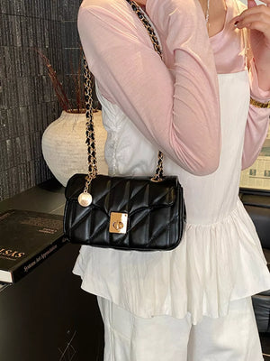Quilted Chain Shoulder Bag in Black, close-up detail