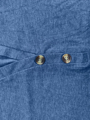 Buttoned Henley Slouch Tee in Dusty Blue with tortoise shell buttons and crossover detail.