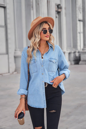 Light oversized denim shirt with patch pockets and collared neck