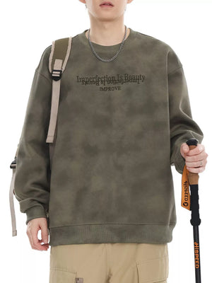 Oversized Army Green sweatshirt with "Imperfection Is Beauty IMPROVE" graphic, crewneck, and tie-dye wash.