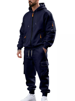 Men's Plus Size Casual Zip-up Hoodie And Cargo Pants Set in Dark Gray, view 15